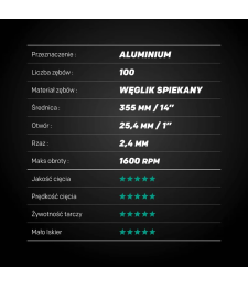 Piła tarczowa do cięcia aluminium Evolution EVOMAX 355 mm Ø355 x 25,4 mm, 100 zębów TCT