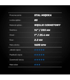 Piła tarczowa do cięcia stali Evolution EVOMAX 355 mm Ø355 x 25,4 mm, 80 zębów CERMET