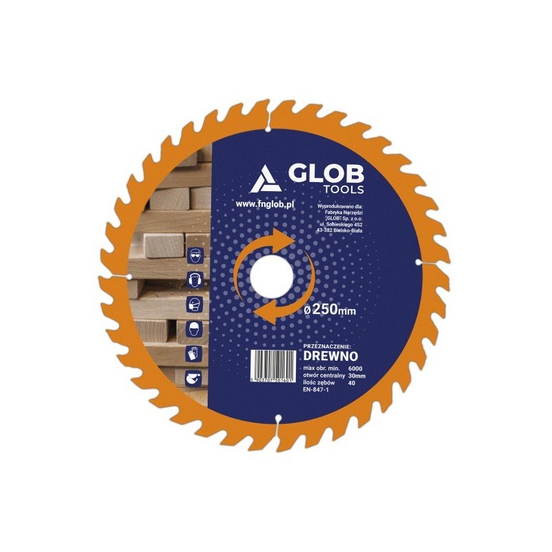 Piła widiowa GLOB TOOLS TCT do cięcia drewna 250mm / 30mm z redukcją 25.4mm - 40z do ukośnic