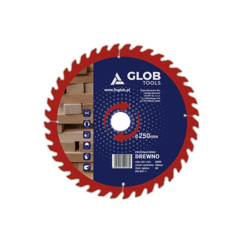 Piła widiowa GLOB TOOLS TCT do cięcia drewna 250mm/30mm z redukcją 25.4mm - 60z do ukośnic