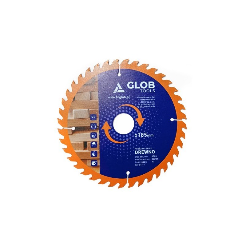 Piła widiowa GLOB TOOLS TCT do cięcia drewna 185mm/30mm z redukcją 20mm - 40z do ukośnic